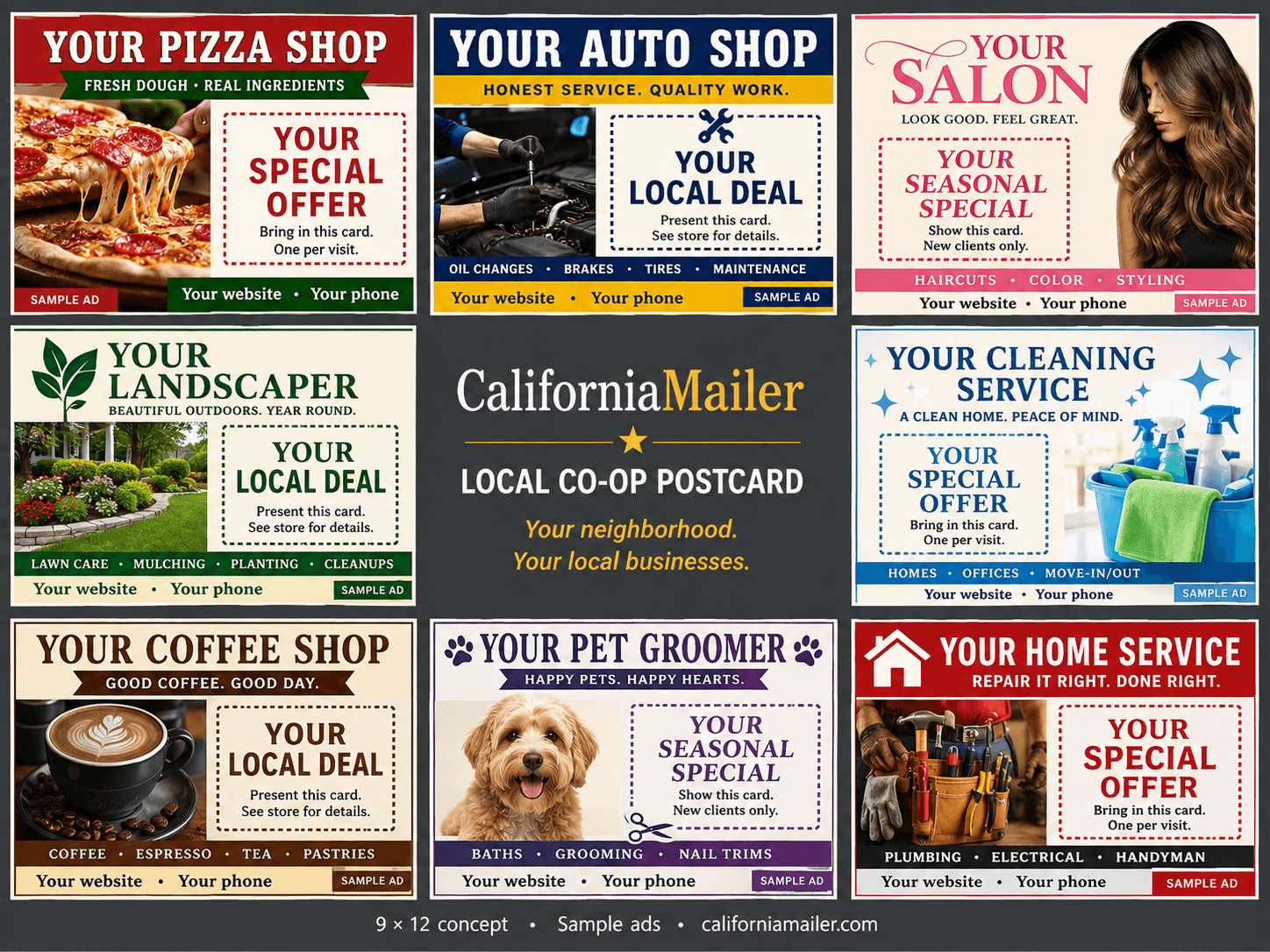 Landscape 9 by 12 co-op postcard concept with eight sample coupon ads surrounding a small CaliforniaMailer panel